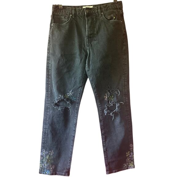 Free People Bren High Rise Cuffed Distressed Boyfriend Jeans 27 HAND PAINTED - Picture 1 of 16